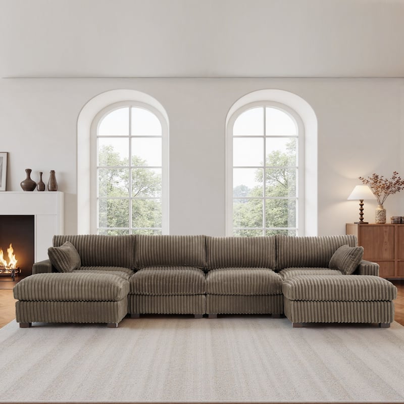 Oversied Plush Corduroy Fabric Modular Sectional Sofa with Chaise, Ottoman