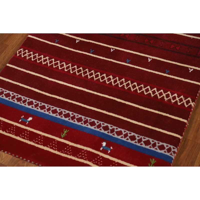 Striped Red Gabbeh Indian Runner Rug Hand-Knotted Wool Carpet - 2'7" x 7'8"