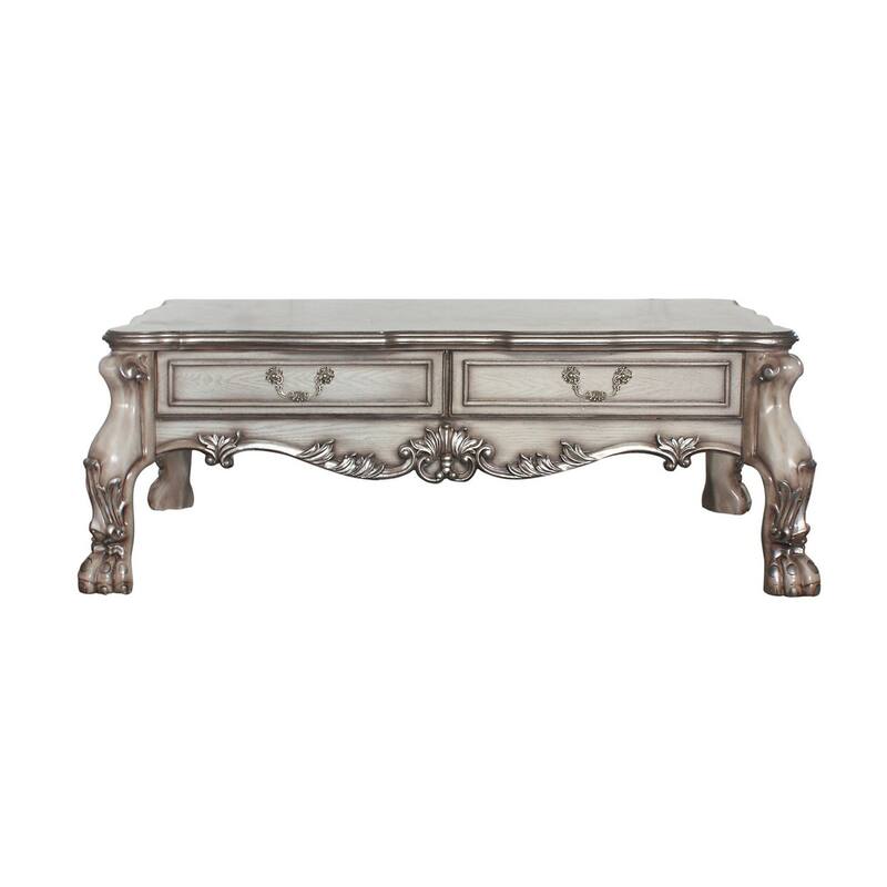 2 Drawers Wooden Coffee Table with Oversized Claw Legs, Antique Silver