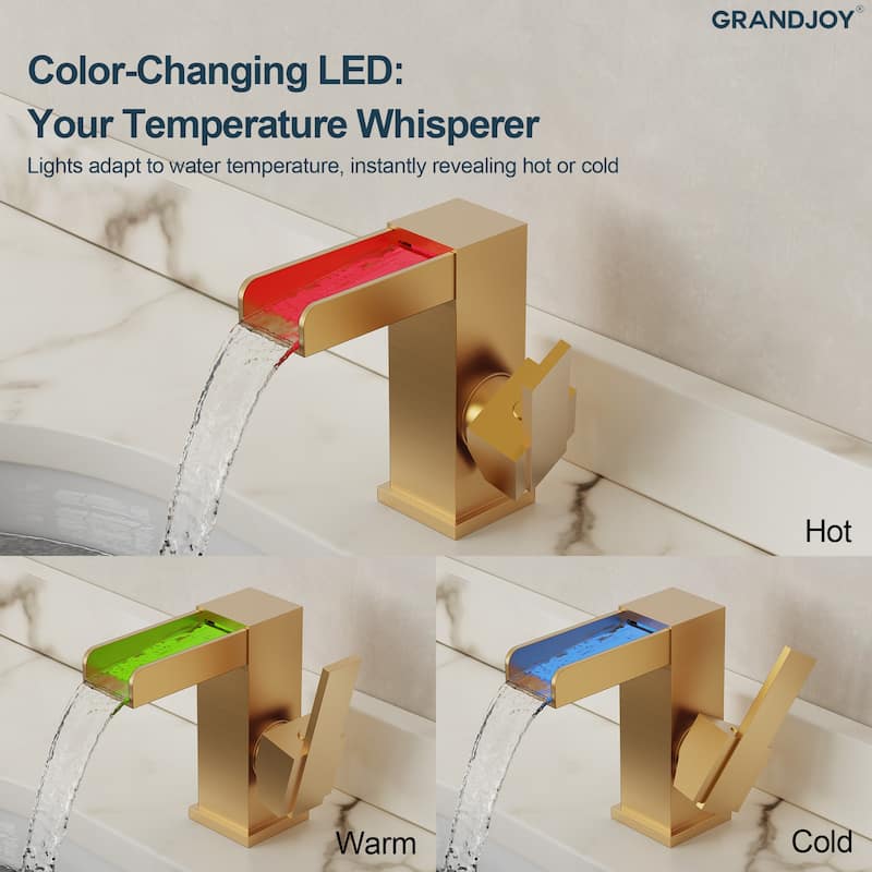 GRANDJOY LED Waterfall Bathroom Sink Faucet with Drain Assembly, Single Handle Vanity Fixture
