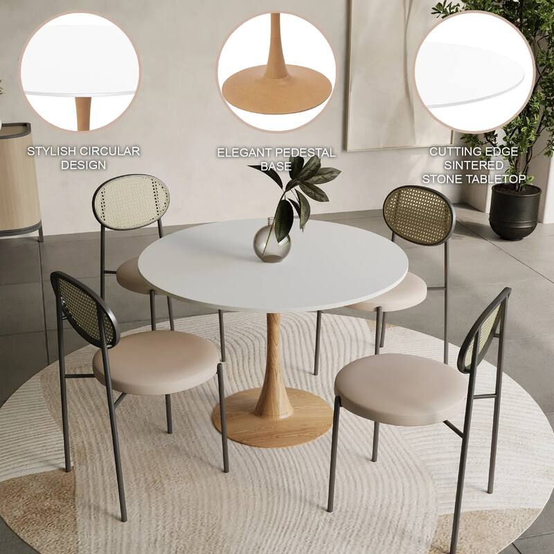 Bristol 31" Round Dining Table with Sintered Stone Top and Natural Wood Steel Pedestal Base for Modern Kitchen and Dining Room