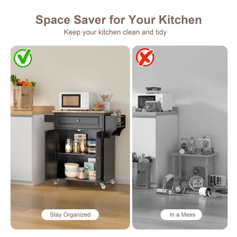 Kitchen Island Cart with Storage Cabinet, Wood Top and Locking Wheels
