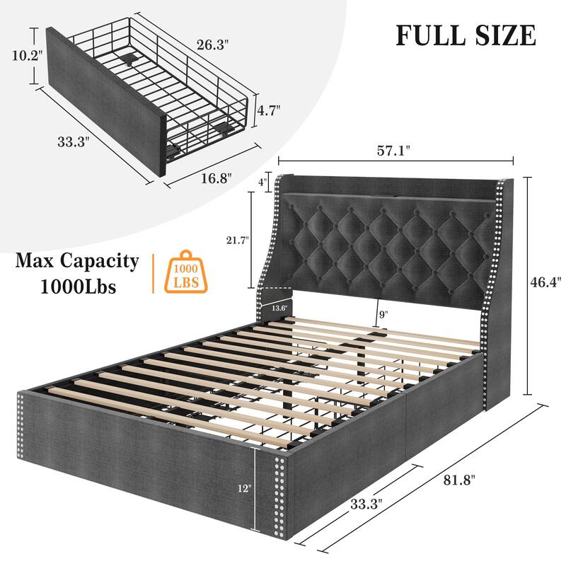 Bed Frame with 4 Storage Drawers and Headboard