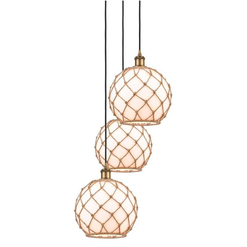 Innovations Lighting 113B-3P-37-17 Farmhouse Rope Pendant Farmhouse - Brushed Brass / White Glass with Brown Rope