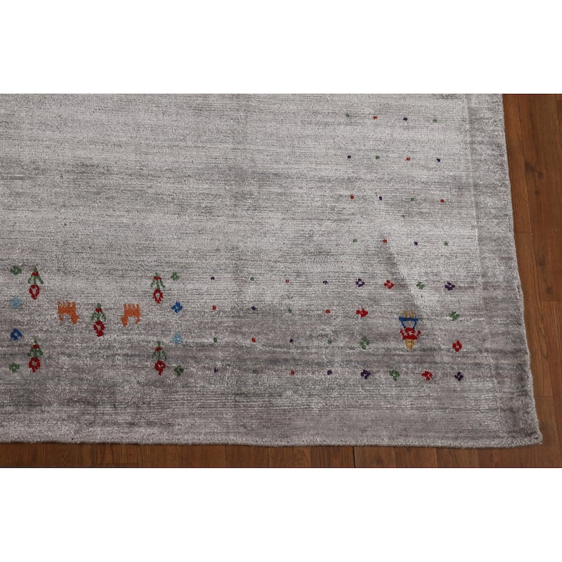 Hand Knotted Oriental Viscose Silk Carpet Tribal Animal Pictorial Greys & Charcoal Gabbeh Area Rug - 11' 6'' X 7' 11''