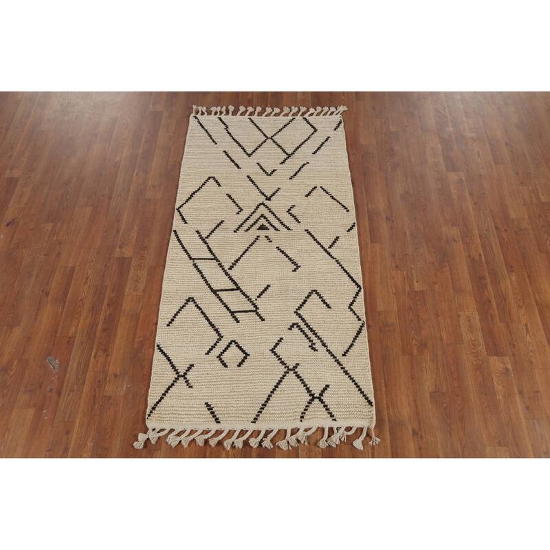 Ivory Moroccan Oriental Accent Rug Handmade Wool Carpet - 2'9"x 5'7"