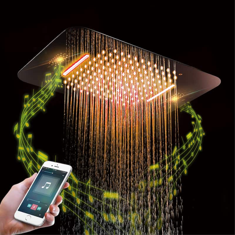23 inch 64 LED color light rainfall waterfall head 4 way thermostatic shower system matte black with 6 inch head - 7'6" x 10'9"