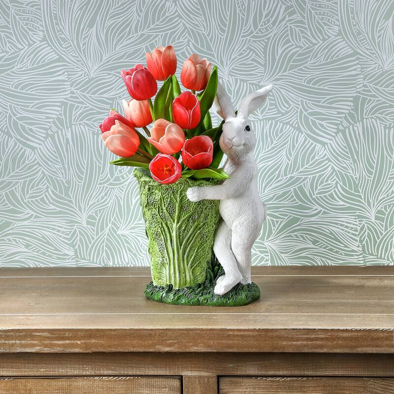 12" Resin Bunny With Cabbage Pot
