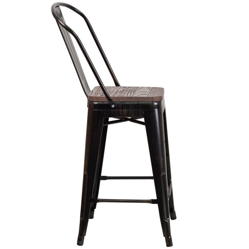 4 Pack 24" High Metal Counter Height Stool with Back and Wood Seat - 17.75"W x 20"D x 39.25"H