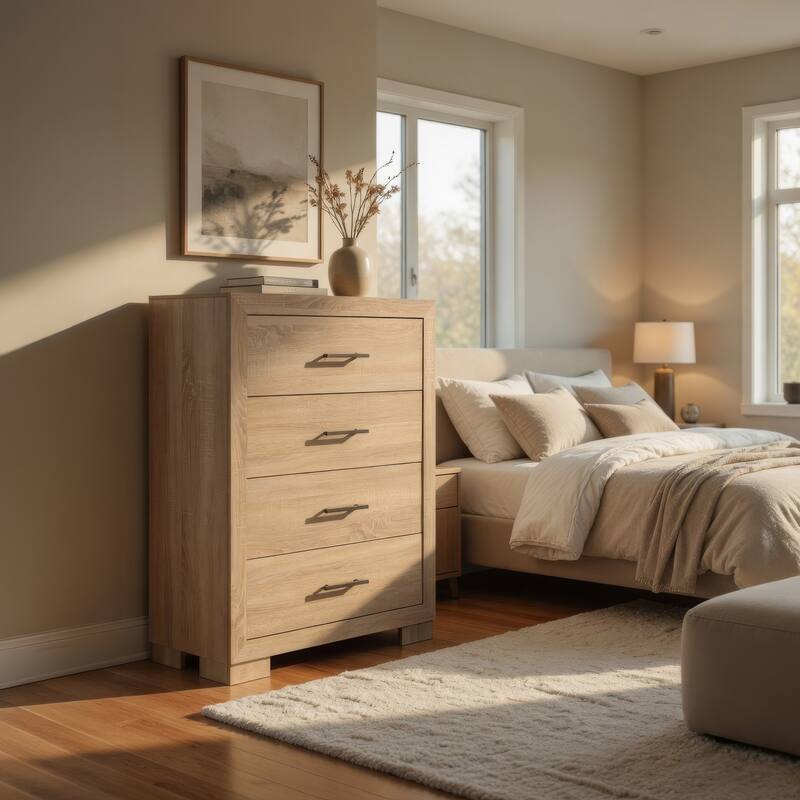 Poxy Tall Dresser Chest with 4 Drawers, Nickel Metal, Oak Brown Wood