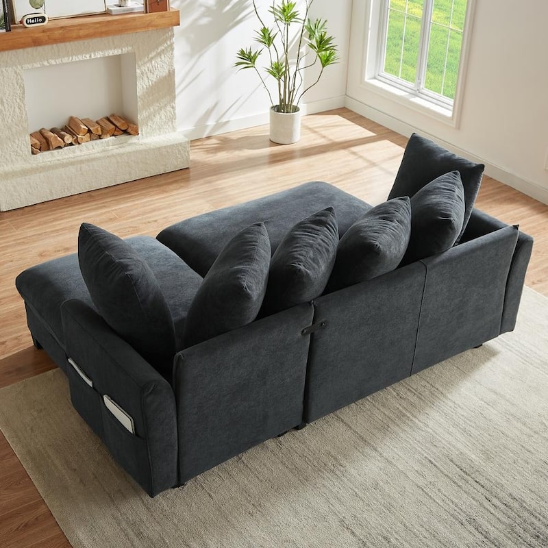 83" Upholstered Sectional Sofa with Movable Ottoman and Six Pillows, Ample Storage Space