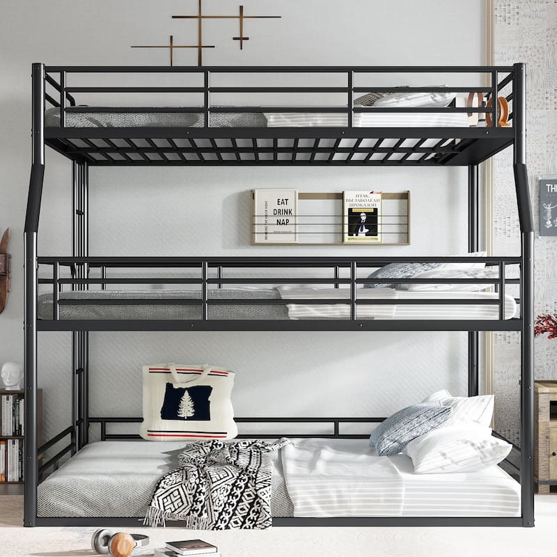 Full XL over Queen over Queen Bunk Bed, Metal Triple Bunk Bed with Safety Guardrails, Bunk Bed with Noise-reduced Design