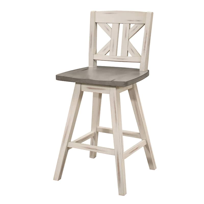 Set of 2 Swivel Bar Stools, 29 Inch Height with Divided X Back Design in Gray & White