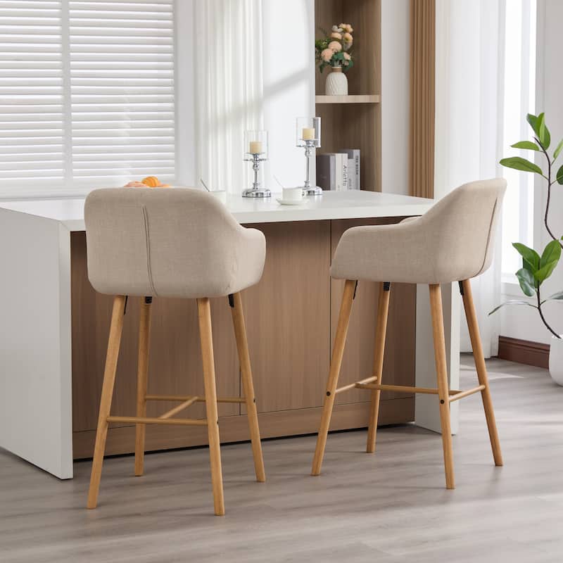 Modern Bar Stools Set of 2, Kitchen Island Tall Chairs with Back, Arm, Footrest and Solid Wood Leg, Upholstered Bar Stools