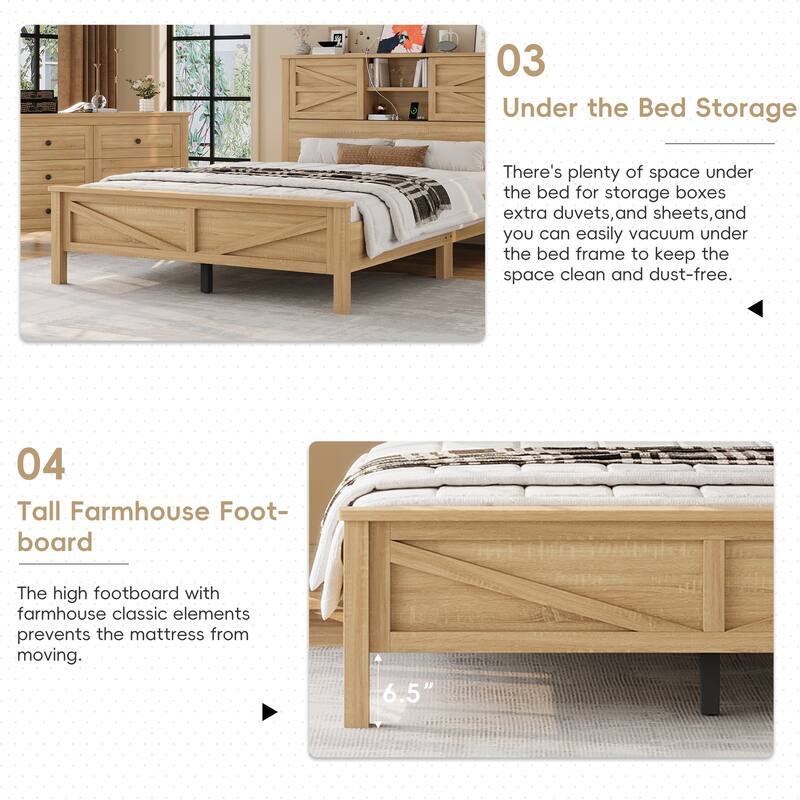 Rustic Platform Bed 3-Pieces Bedroom Sets with Storage Nightstand and Dresser, Wooden Platform Bed with Charging Station