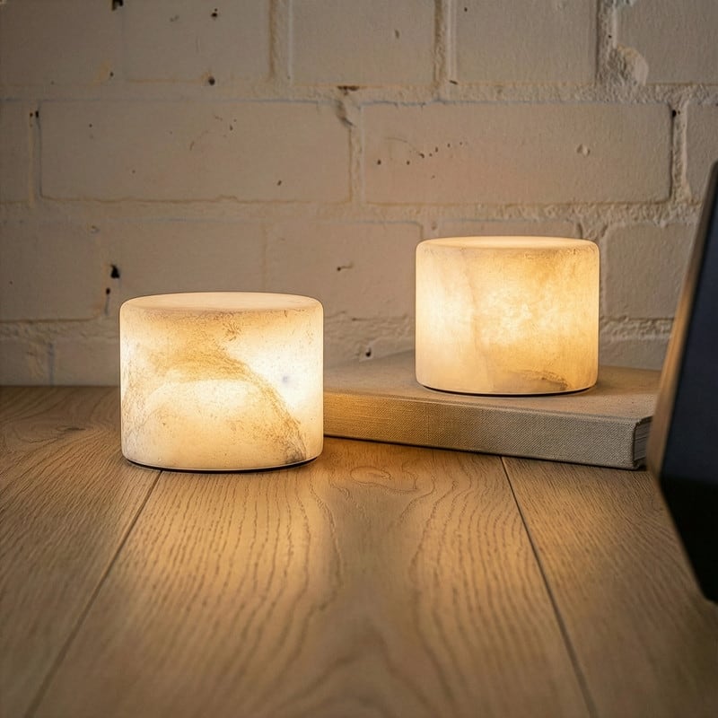 Brightech Rhea 2.3 in. LED Marbled Natural White Alabaster Stone Modern Industrial Battery Powered Bedside Nightstand Desk Lamp