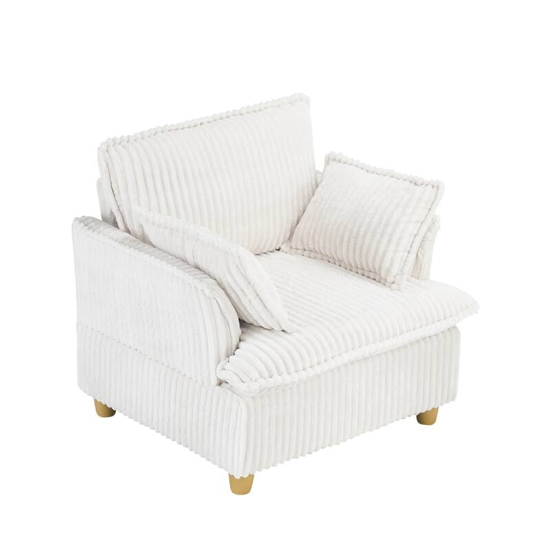 Single-seat Beige Corduroy Sofa with Ottoman and Throw Pillows