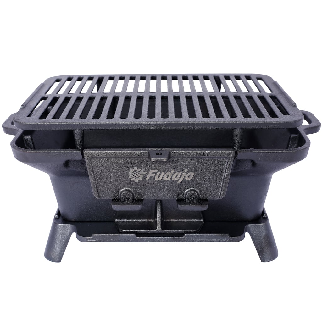 Anmytek Compact Cast Iron Tabletop Charcoal Grill with Dual-Layer Grate, Portable Mini BBQ Grill with Sliding Ash Door