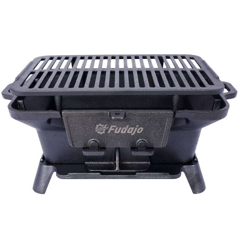 Oval Cast Iron Outdoor Grill Portable Charcoal Grill with Tabletop Cast Iron Frying Pan Enamel, for Camping Cooking - Assembly Required