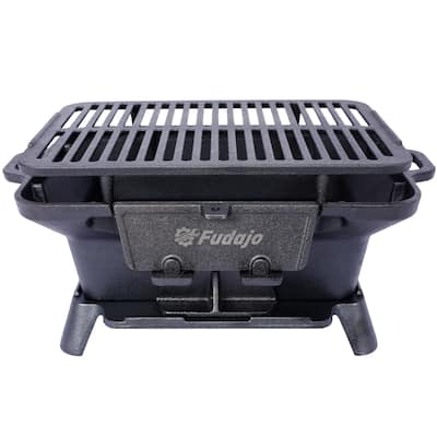 Oval Cast Iron Outdoor Grill Portable Charcoal Grill with Tabletop Cast Iron Frying Pan Enamel, for Camping Cooking