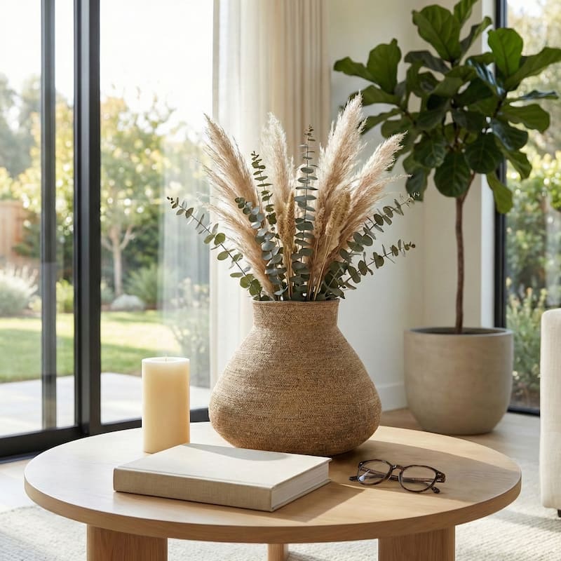 Sculptural Woven Vase with Wide Opening - 18", Brown & Tan