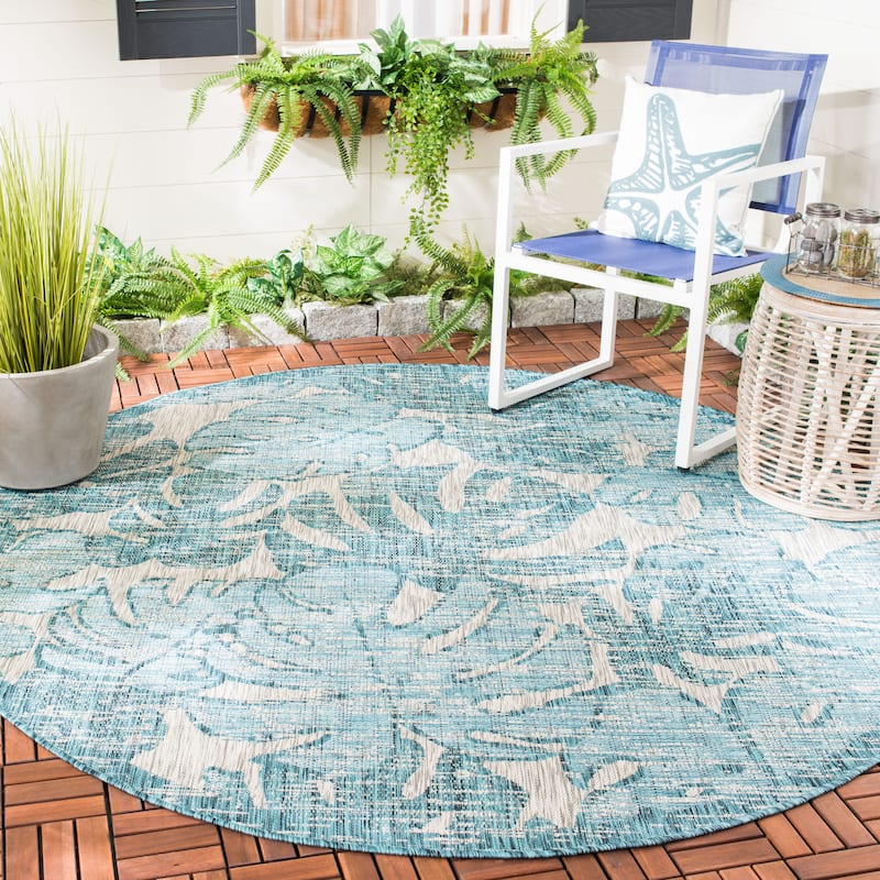 SAFAVIEH Courtyard Zuleyha Indoor/ Outdoor Waterproof Patio Backyard Rug - 6'7" Round - Grey/Aqua