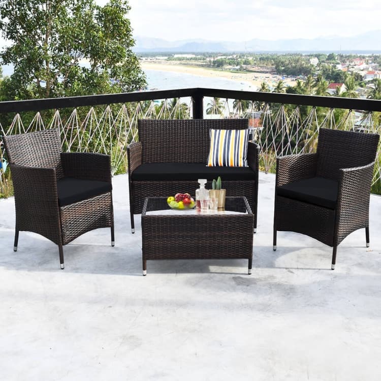 Rattan Patio Conversation Furniture Set with Glass Table and Comfortable Sofa - 4 Pcs
