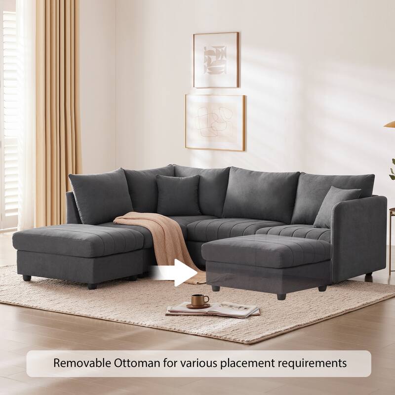 Modular L-Shaped Sectional Sofa with Movable Ottoman, 5 Seat Corner Couch with Throw Pillows, Comfy Cloud Upholstered Sofa