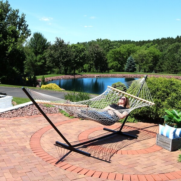 Sunnydaze decor cotton rope hammock with 12 foot stand pad pillow best sale