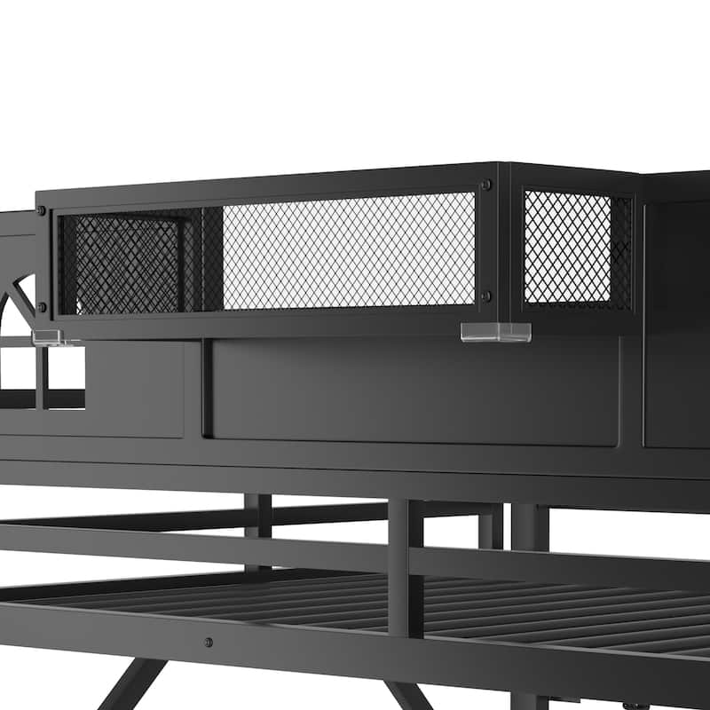 Full / Queen Size Loft Bed with Stairs, House Shaped Guardrails, and Wardrobe Storage