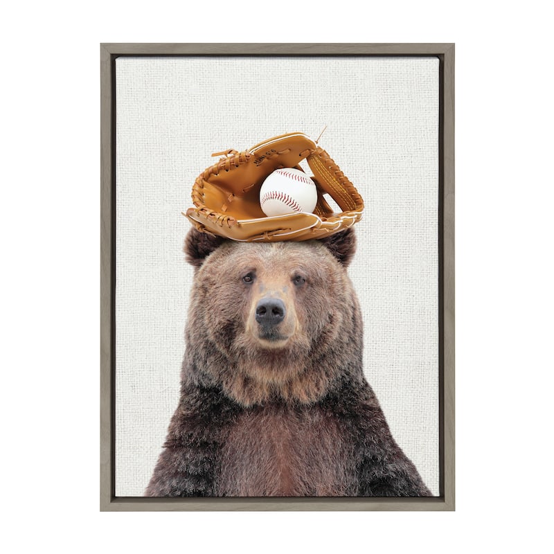 Kate and Laurel Sylvie Bear Baseball Framed Canvas by Amy Peterson