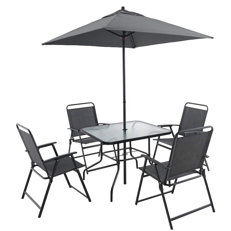 Dining Set for 4 People, Dining Table with Tempered Glass Top, Outdoor Table and Chairs with 4 Folding Chairs and Umbrella