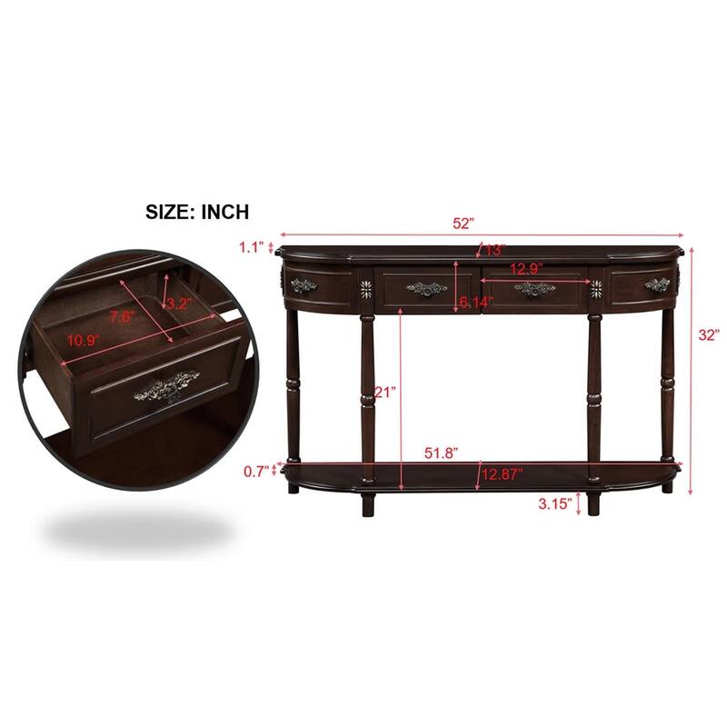 Living Room Hallway Retro Curved Wood Console Table Sofa Table with Shelf and 2 Drawers