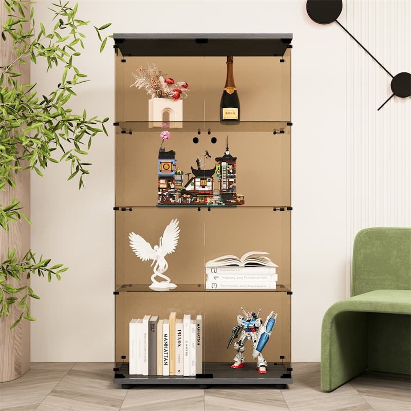 Two-door Tawny Glass Display Cabinet w/ 4 Shelves,Door, Floor Standing