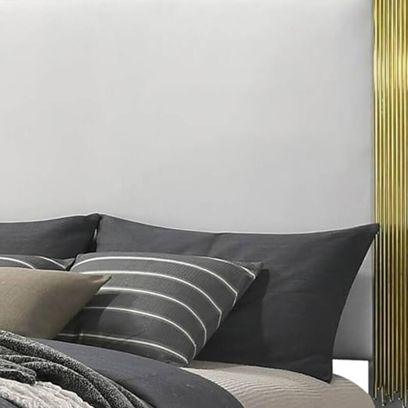 Dyl Queen Bed, Soft Foam Upholstered, White Fabric, Gold Accent Posts