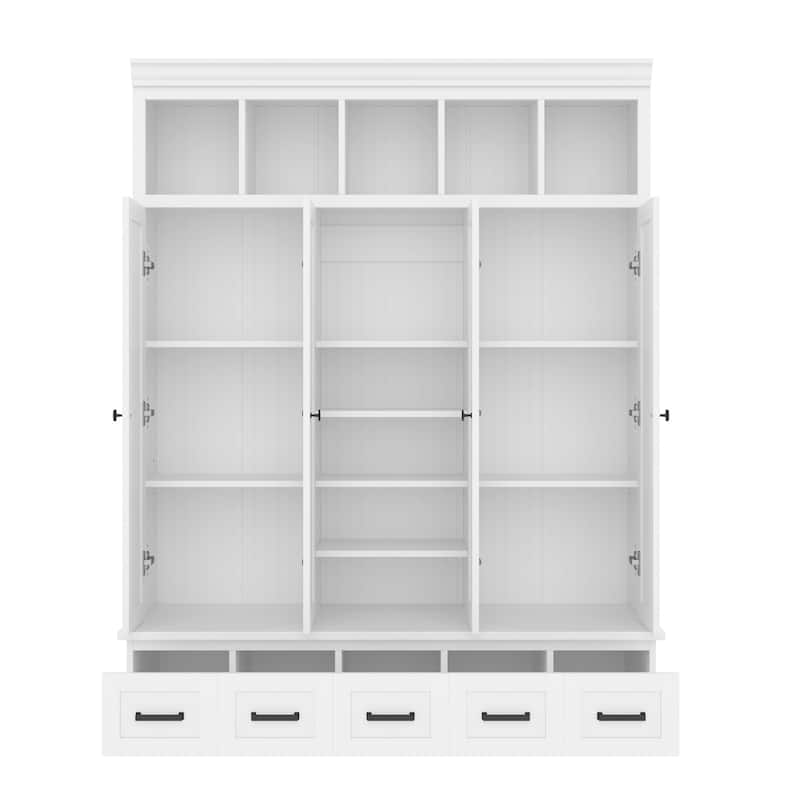 78.7''H Hall Tree with Bench,5 Storage Cubbies,4 Doors, 5 Drawers and Adjustable Shelves