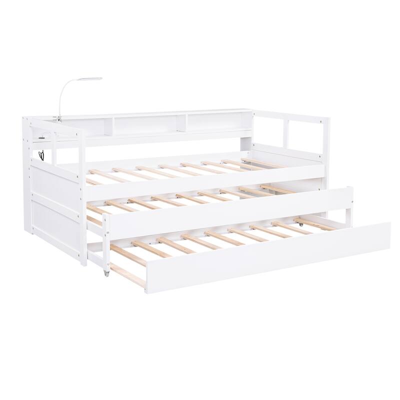 Wooden Bed Frame, Twin XL Daybed Bed w/2 Pull-out Trundles Bed, 3 Storage Cubbies and USB Charging Design for Bedroom, Apartment