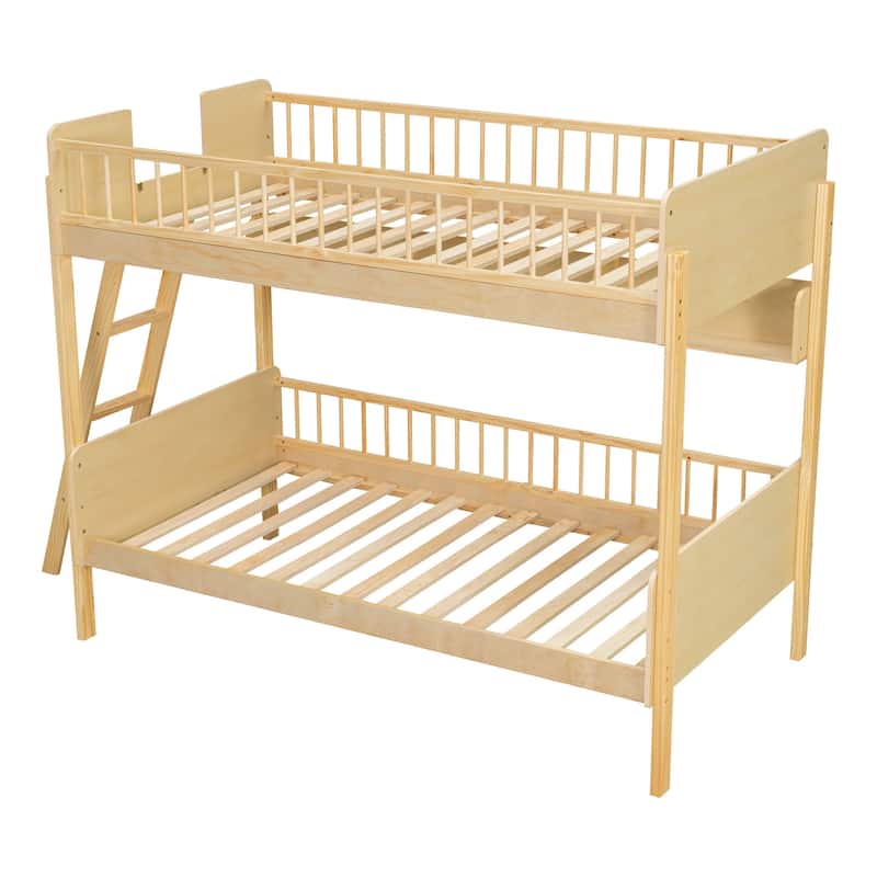 Twin Over Twin Wood Bunk Bed with 3 Storage Shelves, Reversible Ladder