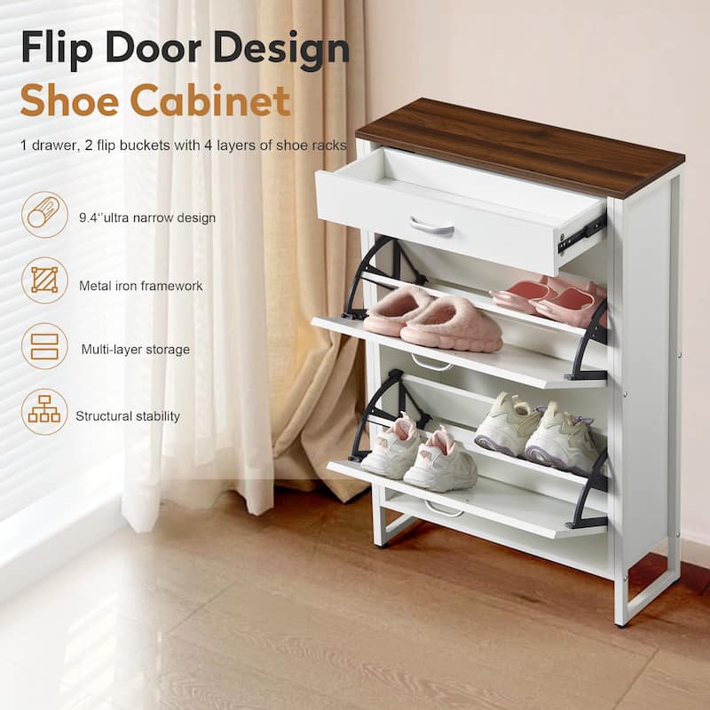 Wood Hidden Shoe Cabinet with 2 Flip Drawers for Hallway