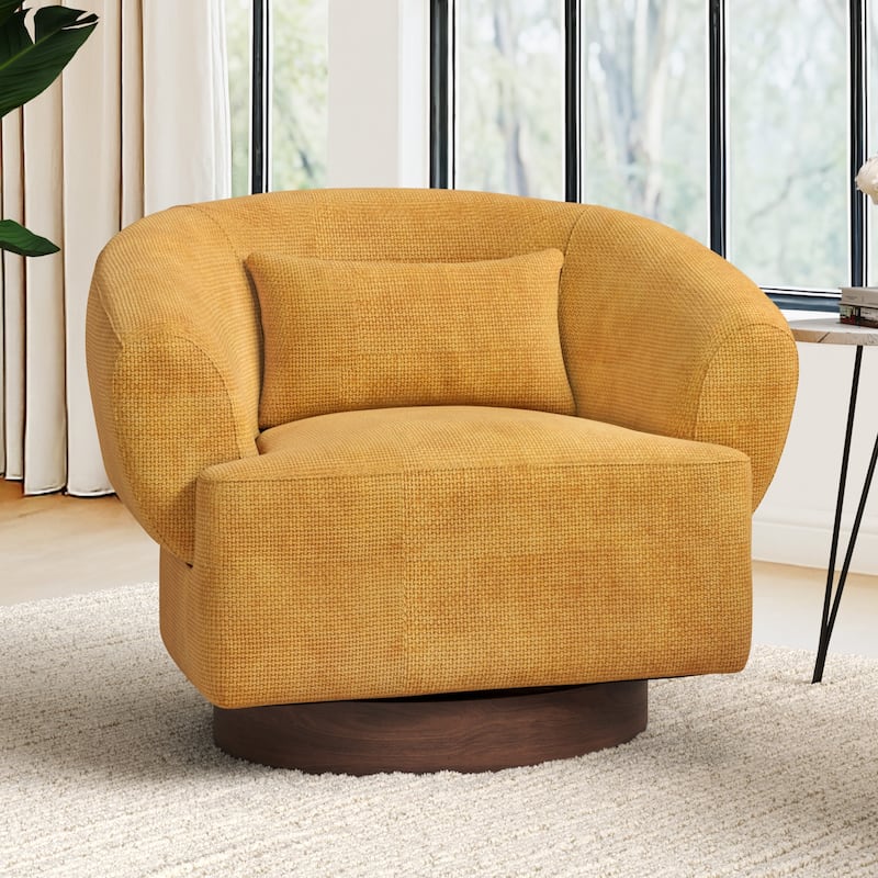 Chenille Upholstered Swivel Barrel Accent Chair with Solid Wood Base for Living Room - Ginger