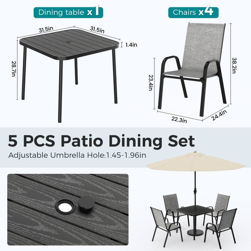 4-Person Patio Dining Set, Textilene Stackable Chairs and Square Table with Umbrella Hole