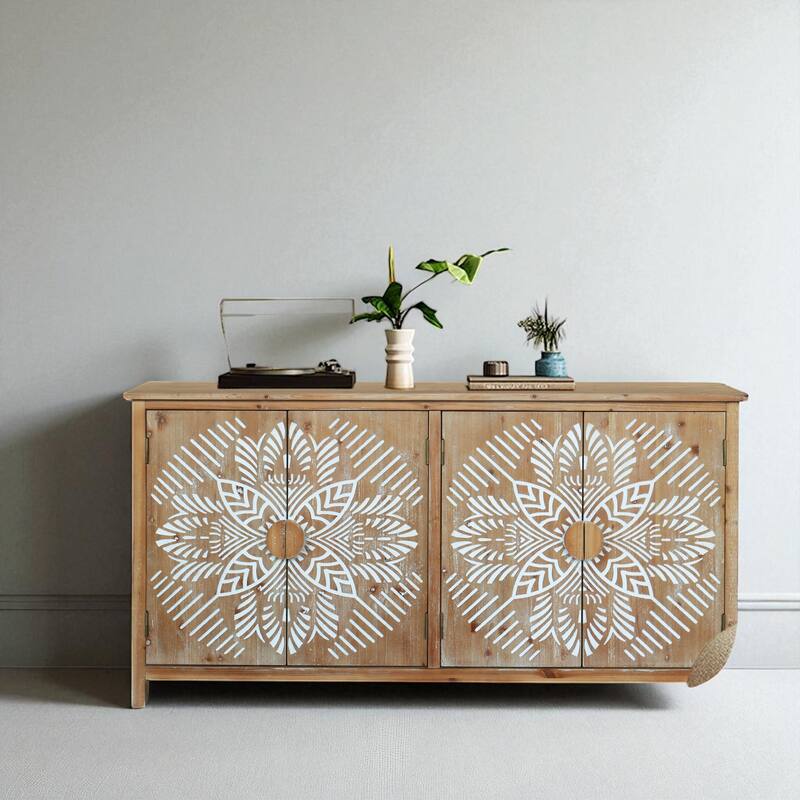 60" Wooden Accent Cabinet with 4 Carved Doors, Antique White and Brown Buffet Sideboard, Pantry Storage Console Cabinet