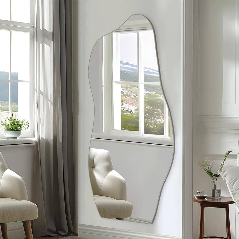 Irregular Cloud Frameless Wall Mirror Wall Mounted Modern Decorative Hanging for Bathroom Bedroom Living Room Entryway - 71" x 31" - Silver Stone-Shaped