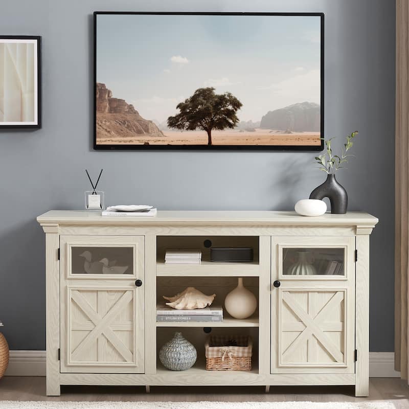 Farmhouse TV Stand, 2-Door Cabinet Media Stand with Barn Design and Open Shelving, for Living Room, White - White