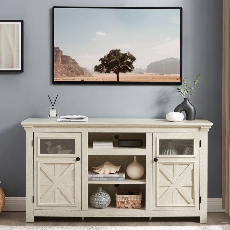 Farmhouse TV Stand with Storage, 2-Door Media Console, Barn Style Cabinet, Modern Entertainment Center, 60" - White