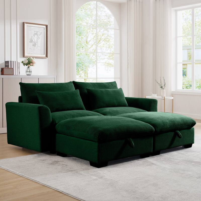 Corduroy Loveseat Sofa Couch with Storage Ottomans, Modern Sectional 2 Seater Sofa with Deep Seat, Pillows for Small Spaces