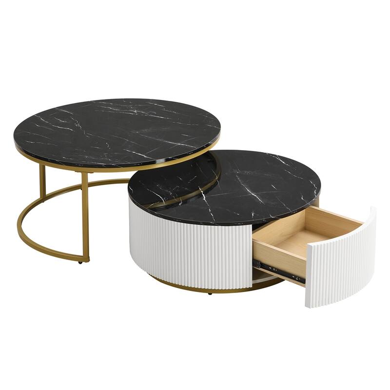 31.5" Modern Round Wood Nesting Coffee Table with Drawer