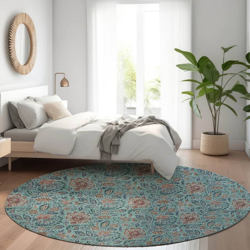 Machine Washable Indoor/ Outdoor Chantille Farmhouse Floral Rug - Teal - 8' x 8'