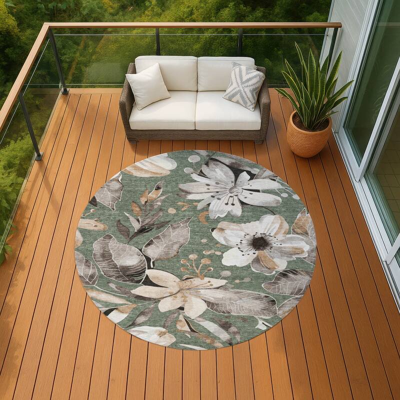 Machine Washable Indoor/ Outdoor Floral Chantille Rug - Sage - 8' x 8'