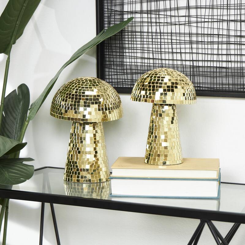 Glass Mushroom Handmade Mosaic Mirrored Decorative Sculpture - Set of 2 Gold or Silver - Roche River Decor